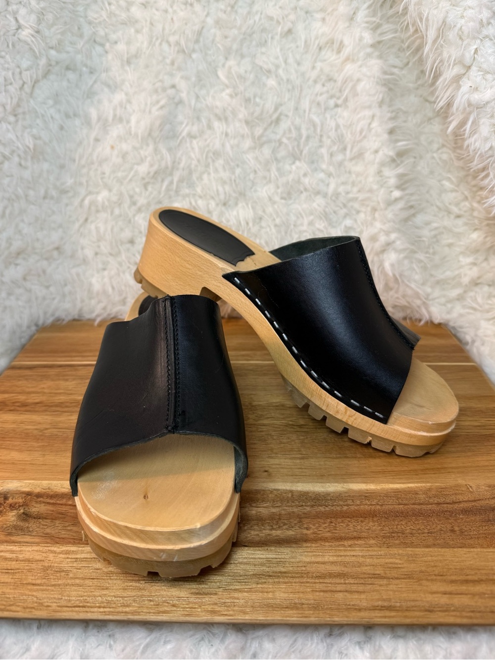 Swedish Hasbeens Black Leather Wood-Soled Clogs